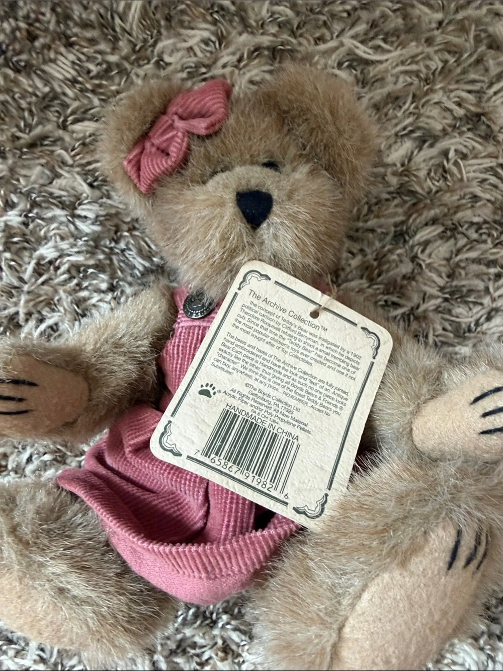 Boyds Bears Pink Corduroy Dress Teddy Bear Hair Bow